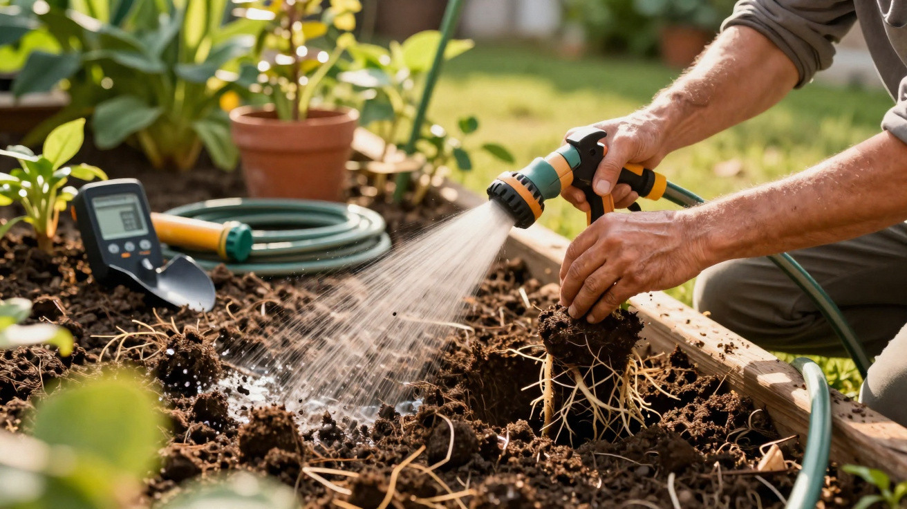 Person bewässert Setzling in Hochbeet mit Gartenschlauch und Brause im Garten bei Tageslicht.