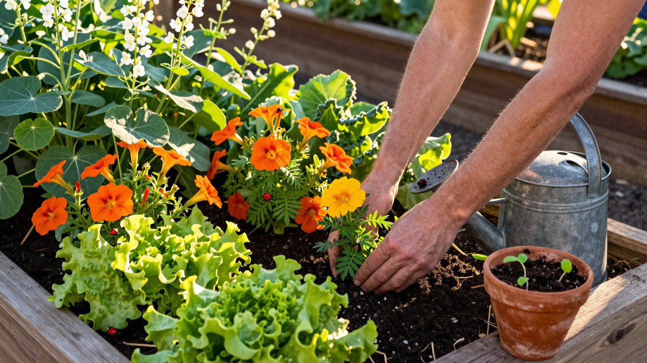 Person pflanzt Blumen in ein Hochbeet mit Salat und Gießkanne im Garten bei Sonnenschein.