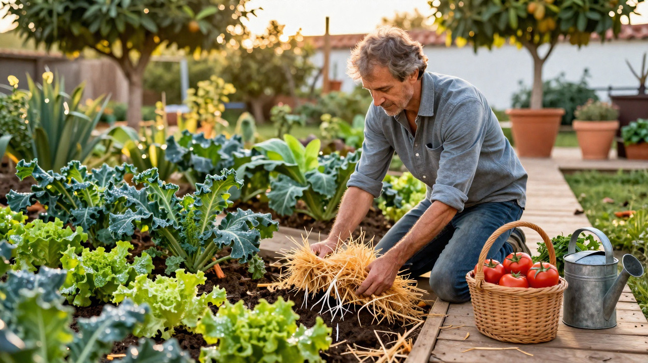 Mann pflegt Gemüsegarten, kneelt neben Beeten mit grünen Pflanzen, Korb mit Tomaten und Gießkanne liegt daneben.
