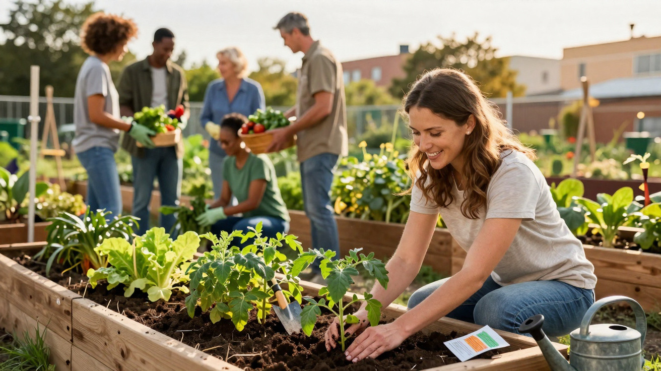 Eine Frau pflanzt Gemüse in einem Gemeinschaftsgarten, während andere im Hintergrund Ernte tragen.