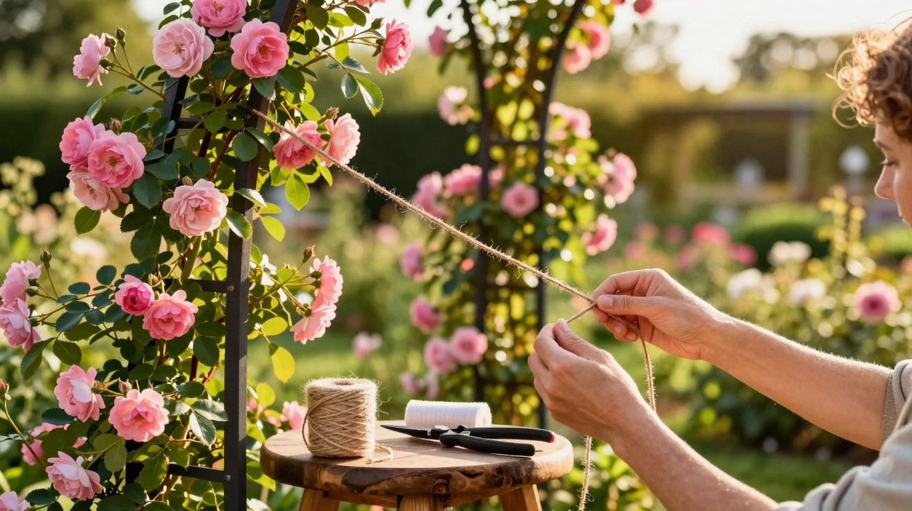 Person bindet mit Schnur blühende Rosen an Rankgitter in sonnigem Garten fest