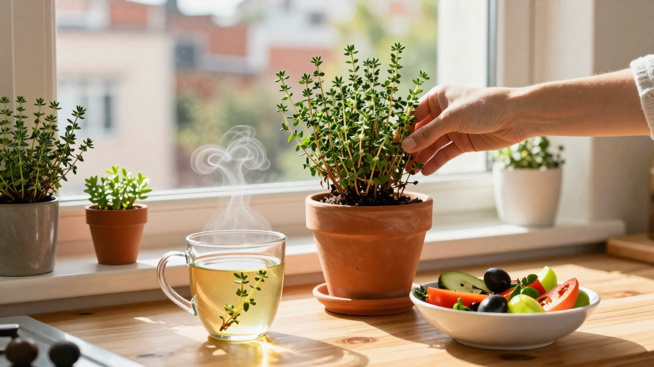 Hand berührt frische Kräuterpflanze in Blumentopf auf Küchentisch mit Tee und Salat bei Tageslicht.