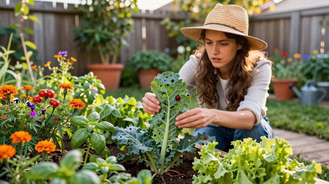 Frau im Garten mit Strohhut untersucht Blatt mit Marienkäfer zwischen bunten Blumen und Gemüsepflanzen.