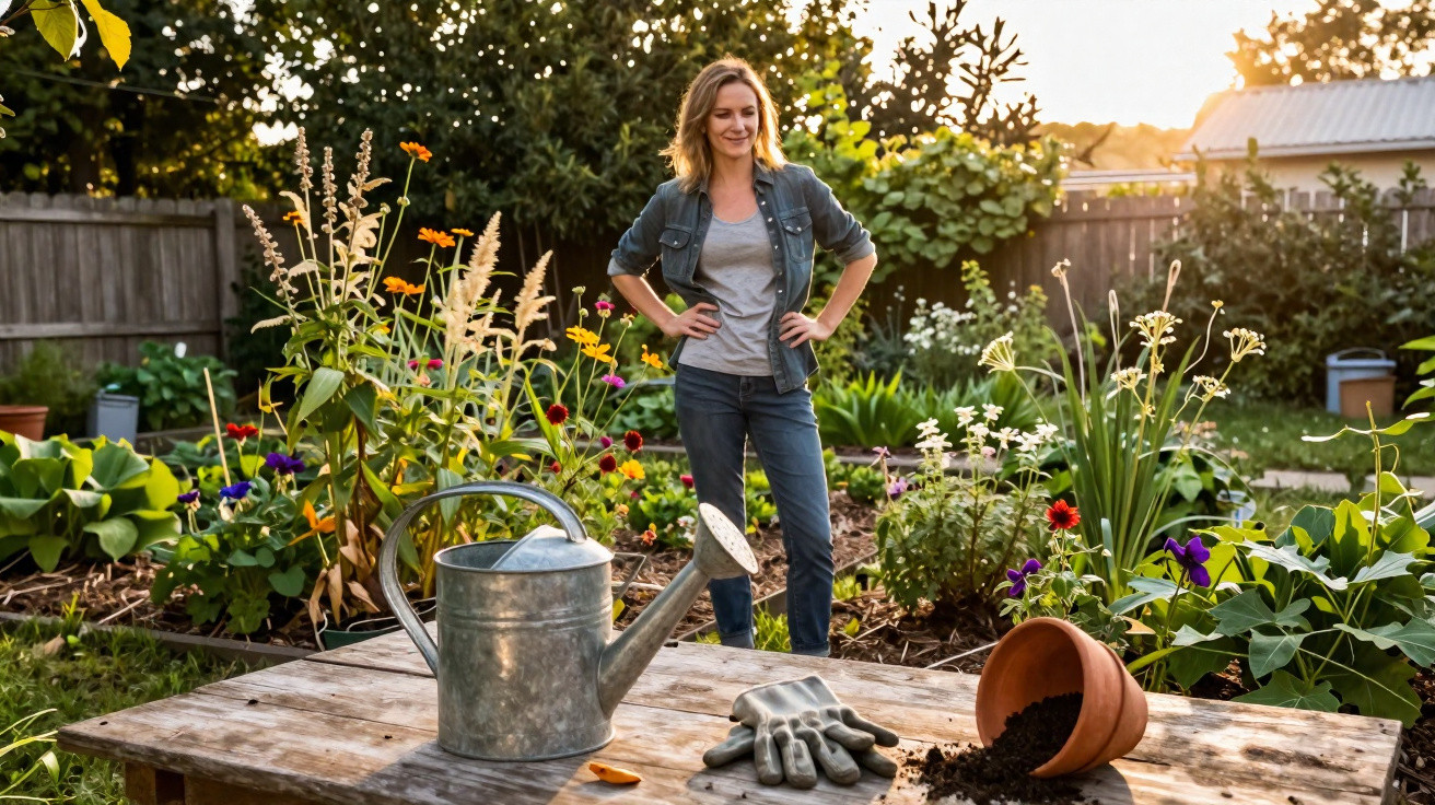Frau steht lachend im blühenden Garten, im Vordergrund Gießkanne, Handschuhe und umgefallener Blumentopf auf Holztisch.