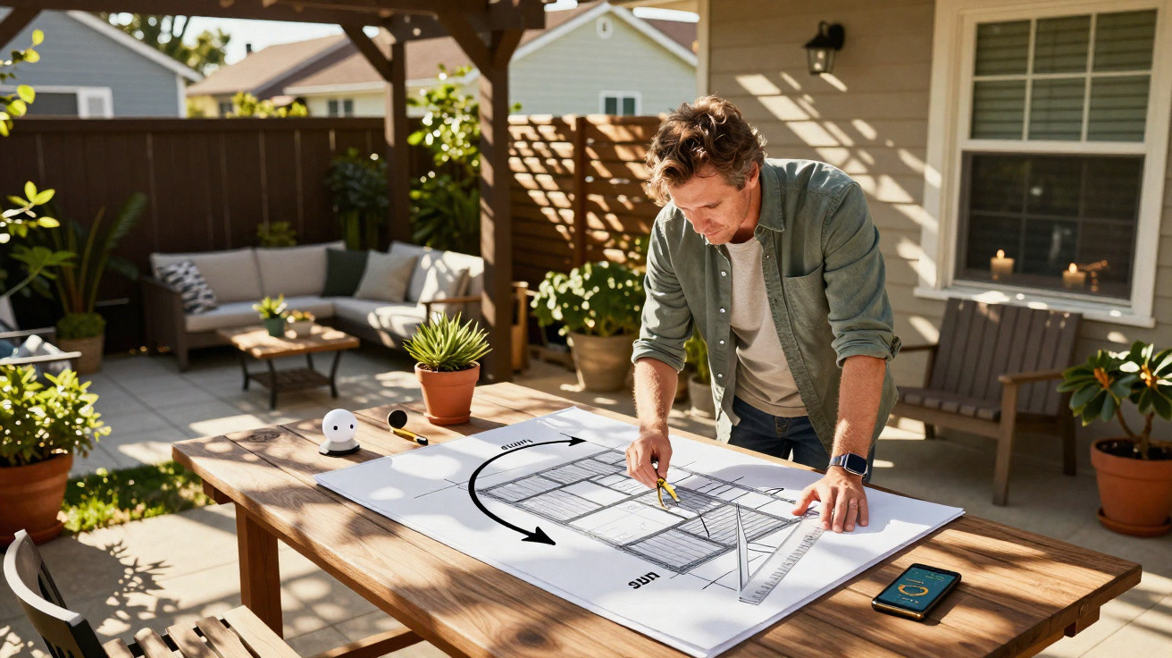 Mann plant Bau oder Renovierung auf Terrassentisch mit Architekturplänen und Zeichengeräten.
