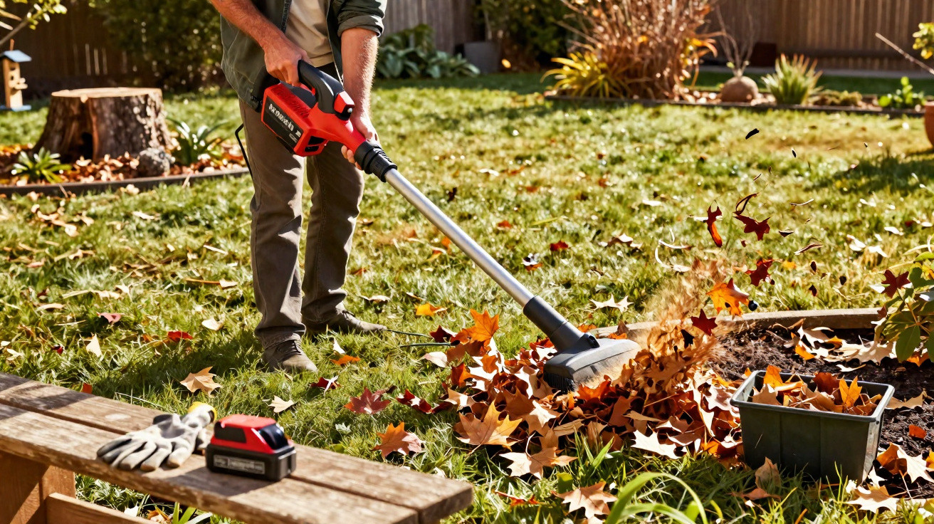 Person bläst mit einem Akku-Laubbläser herabgefallene Herbstblätter in einem Garten zusammen.