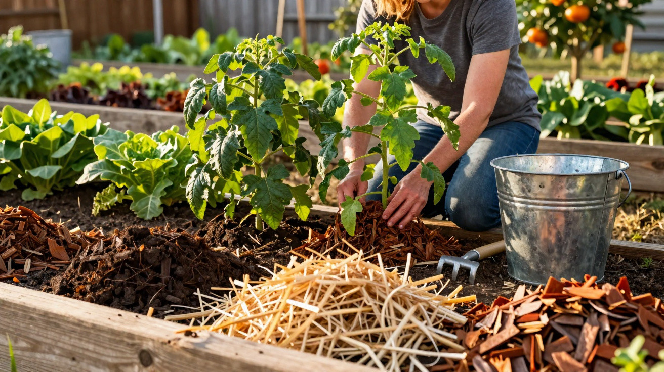 Person pflanzt Tomatenpflanze in Hochbeet mit Gartenmulch und Gießkanne im Hintergrund.