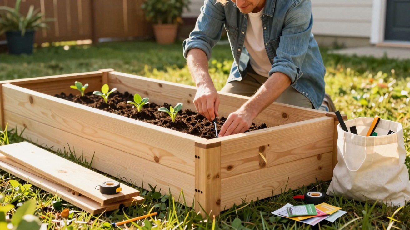 Mann pflanzt Setzlinge in ein Holz-Hochbeet im Garten bei sonnigem Wetter.