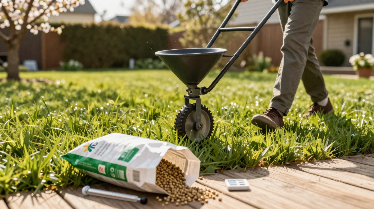 Person düngt grünen Rasen mit Streuwagen und Granulatdünger im Garten bei Sonnenschein.