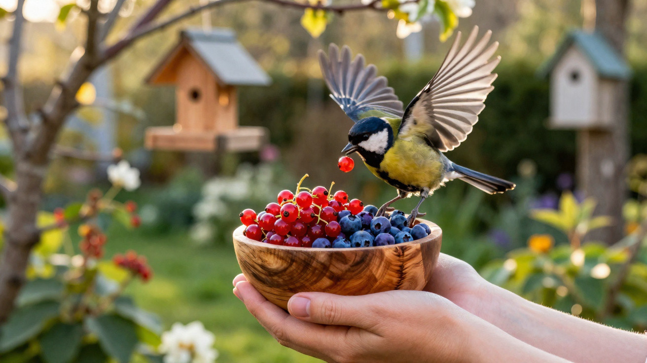 Kohlmeise im Flug nimmt rote Beere aus Holzteller mit Johannisbeeren und Blaubeeren im Garten.