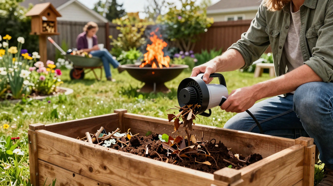 Person gießt kompostierte Blätter in ein Hochbeet im Garten, im Hintergrund eine brennende Feuerschale.