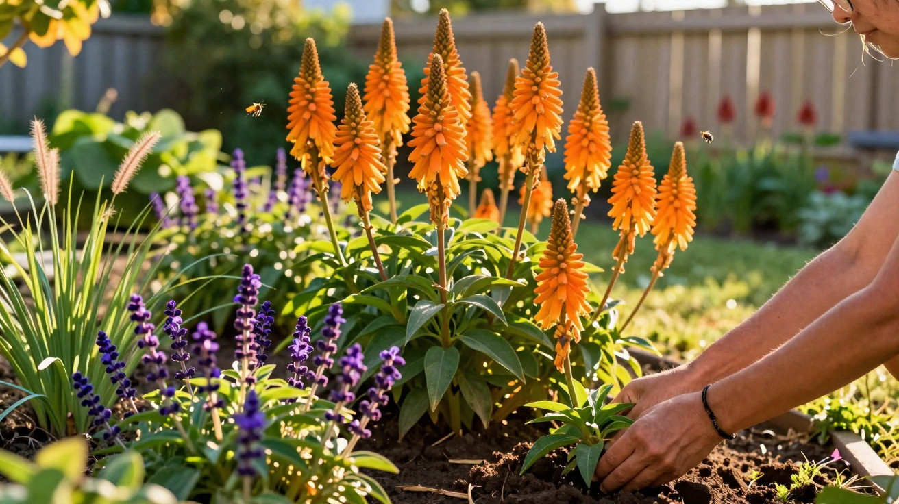 Person pflanzt orangene und violette Blumen in sonnigem Garten mit Bienenflug.