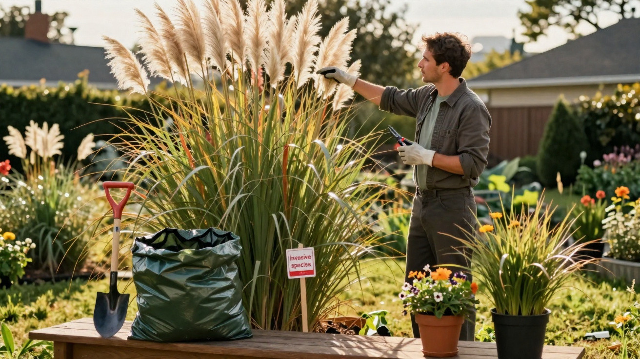 Mann bei der Gartenarbeit mit Handschuhen schneidet invasives Pampasgras in einem gepflegten Garten.