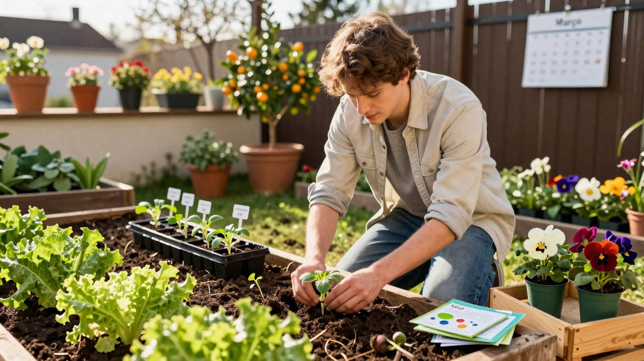 Junger Mann pflanzt Setzlinge in einem Hochbeet im Garten bei Sonnenschein.