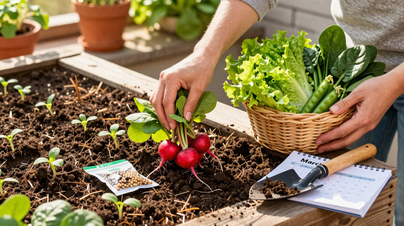 Frau erntet Radieschen in Hochbeet, neben Korb mit Salat und Gartengerät auf Balkon oder Terrasse.