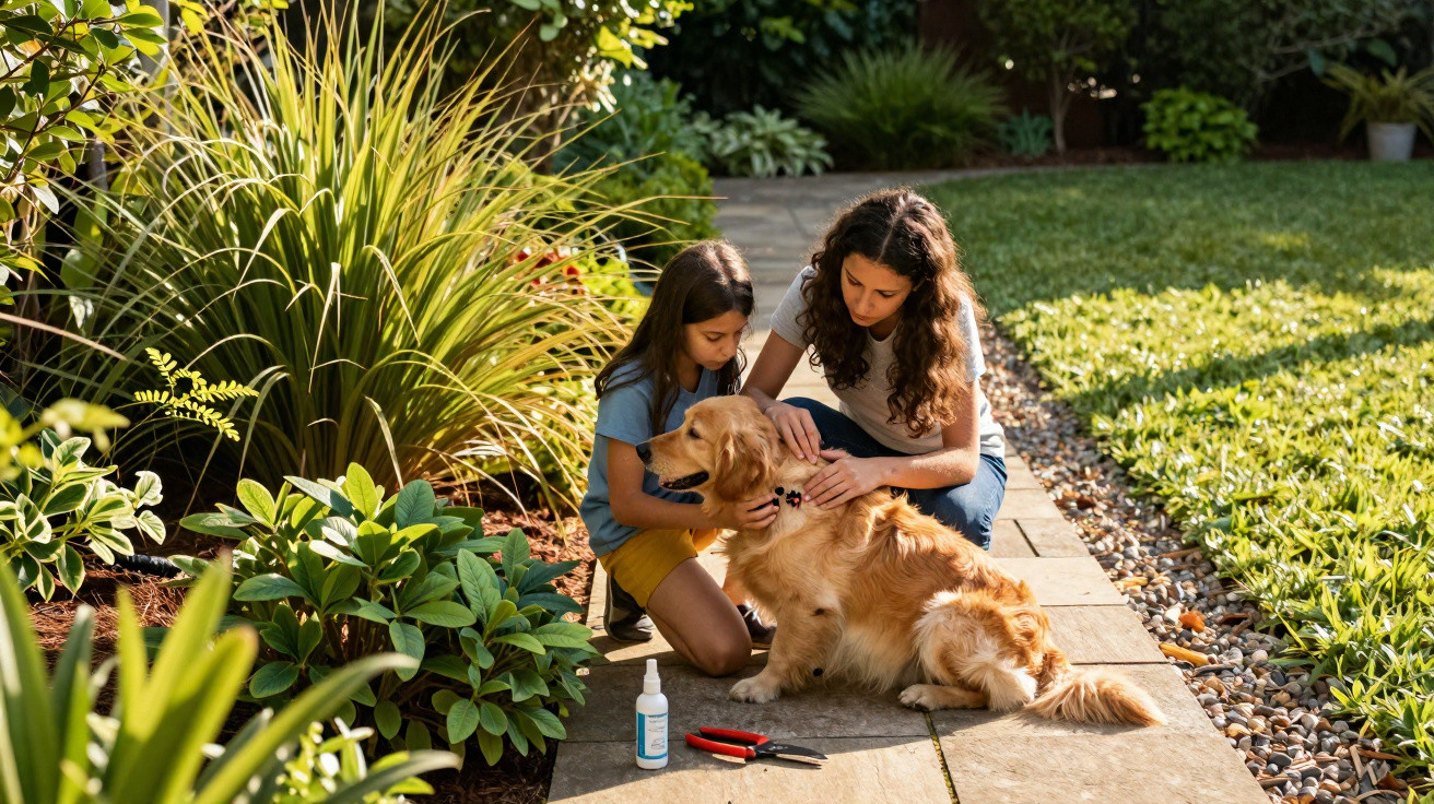 Frau und Mädchen pflegen Golden Retriever Hund im sonnigen Garten auf Steinweg mit Gartenschere und Spray.