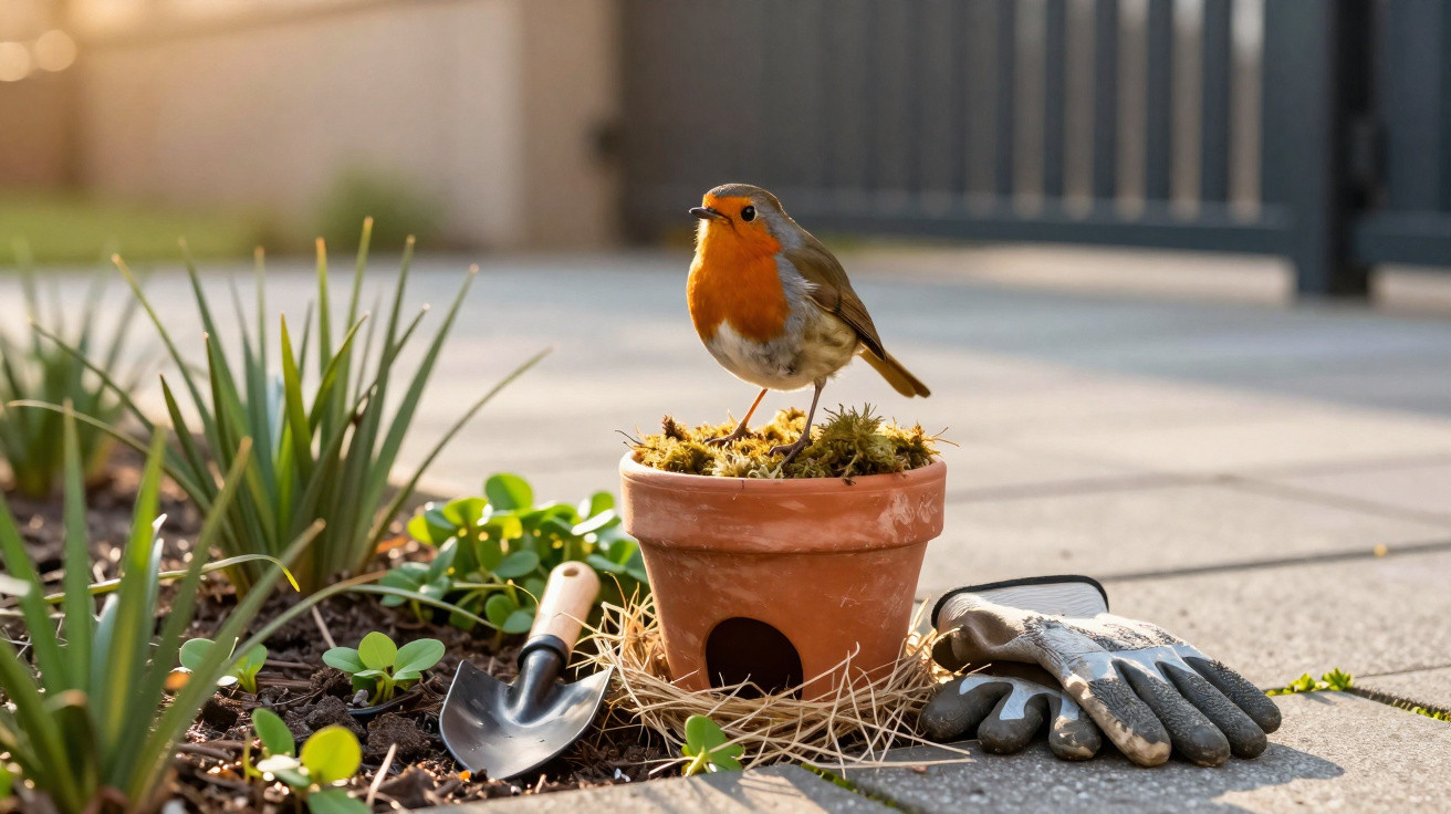 Rotkehlchen sitzt auf Blumentopf neben Gartenhandschuhen und kleinen Gartengeräten bei Sonnenlicht.