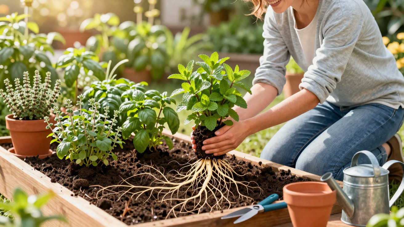 Frau pflanzt frische Kräuter mit sichtbaren Wurzeln in einen Gartenhochbeetkasten bei Sonnenlicht.