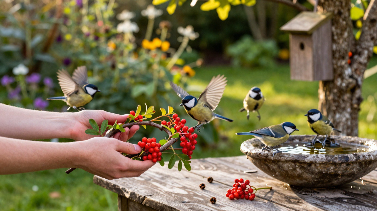 Meisen fliegen zu einem Vogelbad und sitzen auf einem Tisch mit roten Beeren in einer Gartenlandschaft.