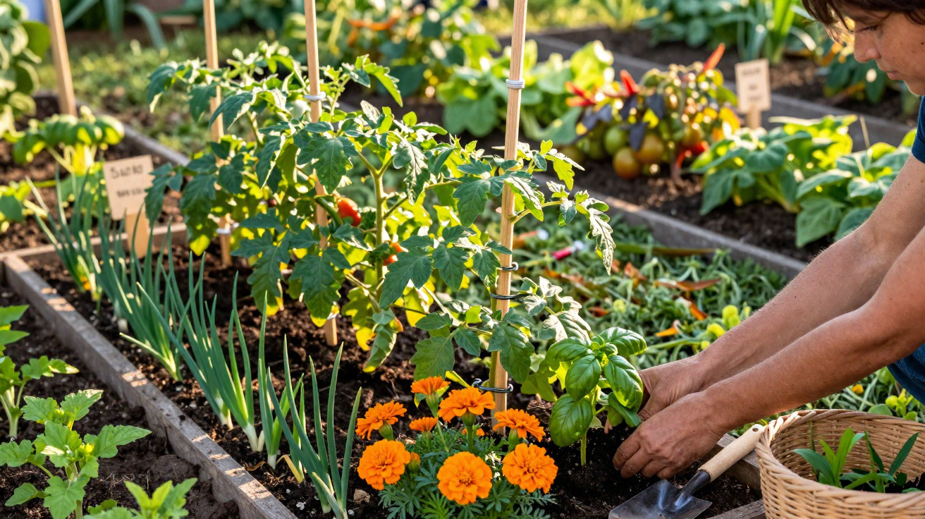 Person pflanzt Basilikum neben blühenden Ringelblumen und Tomaten in einem Hochbeet im Garten.