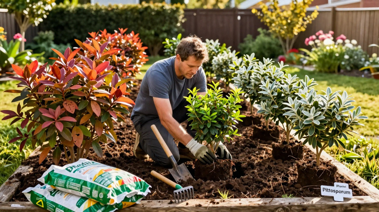 Mann pflanzt Pittosporum-Sträucher in einem Gartenbeet mit Gartengeräten und Erde im Sonnenlicht.