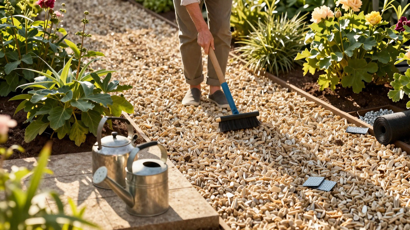 Person fegt einen mit Kies belegten Gartenweg, umgeben von Blumen und Pflanzen.