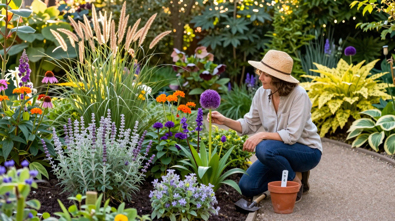 Frau mit Strohhut kniet in buntem Garten und berührt lila Kugelblume im Beet.