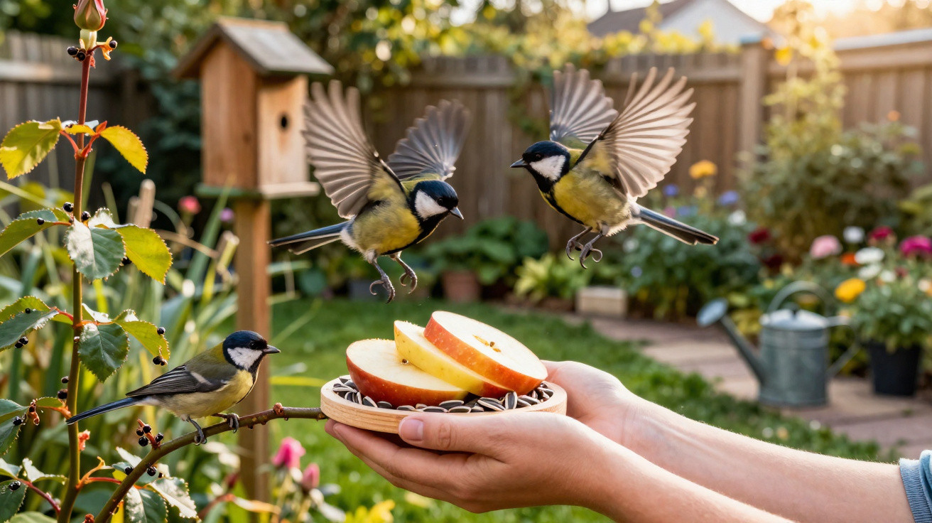 Drei Kohlmeisen, zwei im Flug, fressen Sonnenblumenkerne und Apfelscheiben in einem Garten.