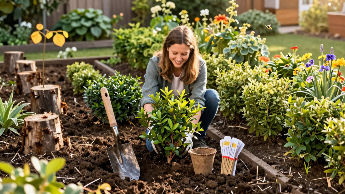 Frau pflanzt frischen Strauch im Garten, umgeben von Blumen und Gartengeräten bei Sonnenschein.