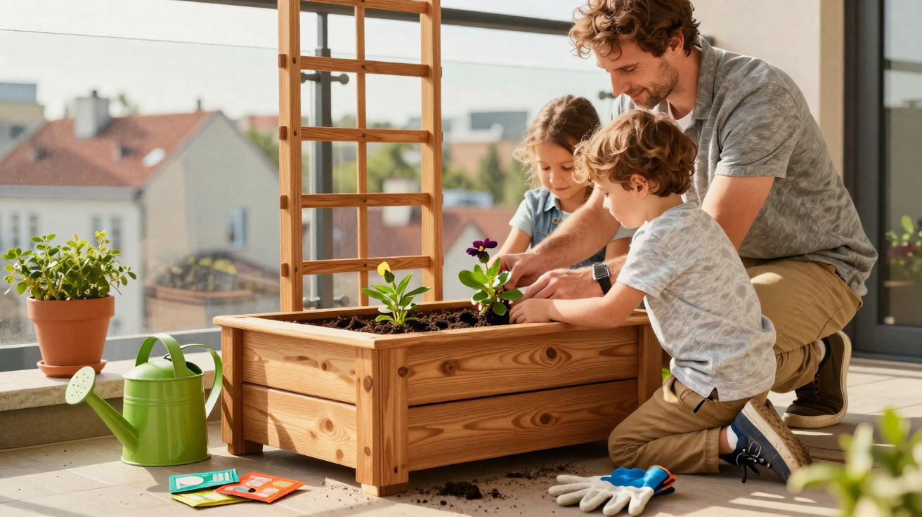 Vater und Kinder pflanzen Blumen in einem hölzernen Hochbeet auf dem Balkon bei Tageslicht.
