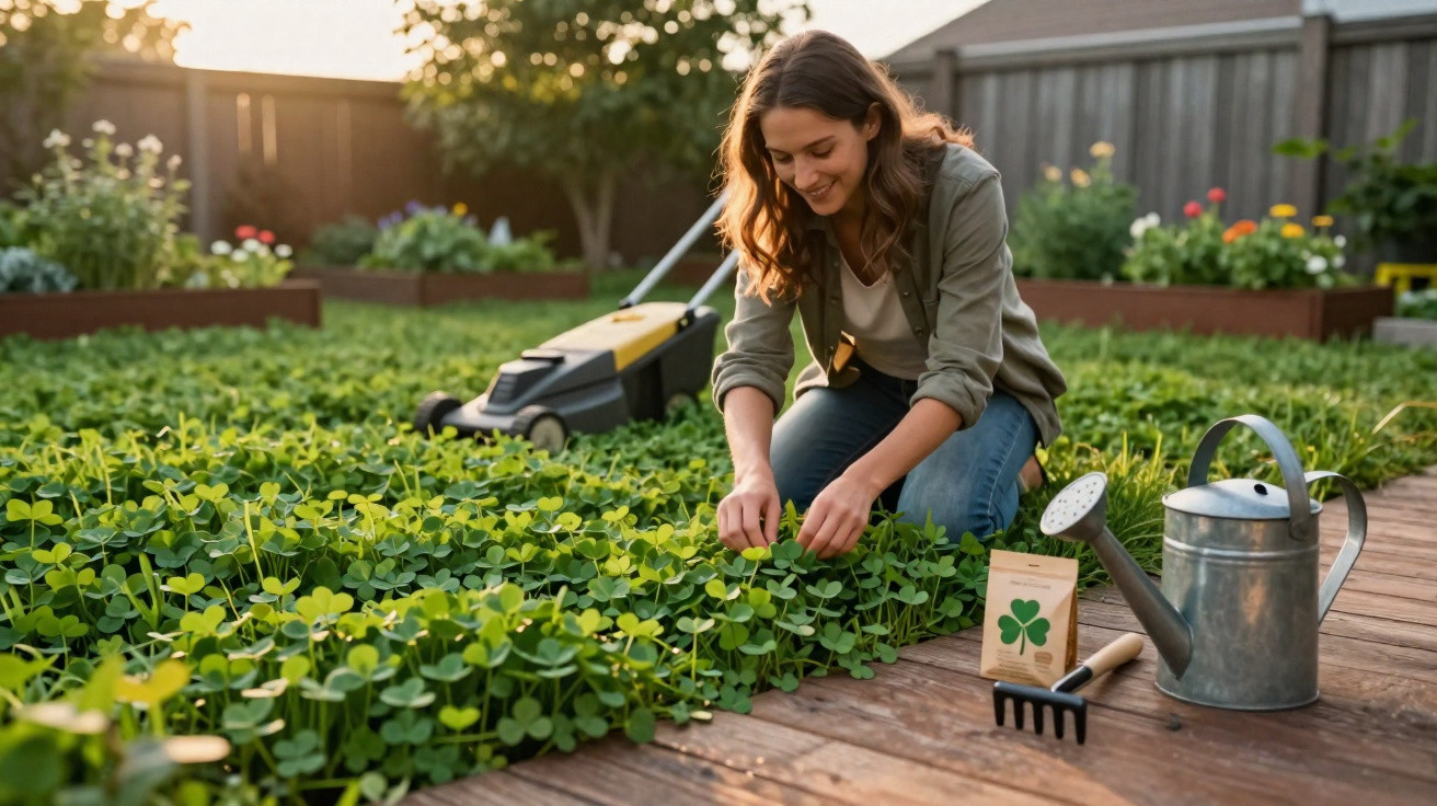 Frau pflegt Klee im Garten, neben ihr Gießkanne, Gartenwerkzeug und Rasenmäher im Hintergrund.