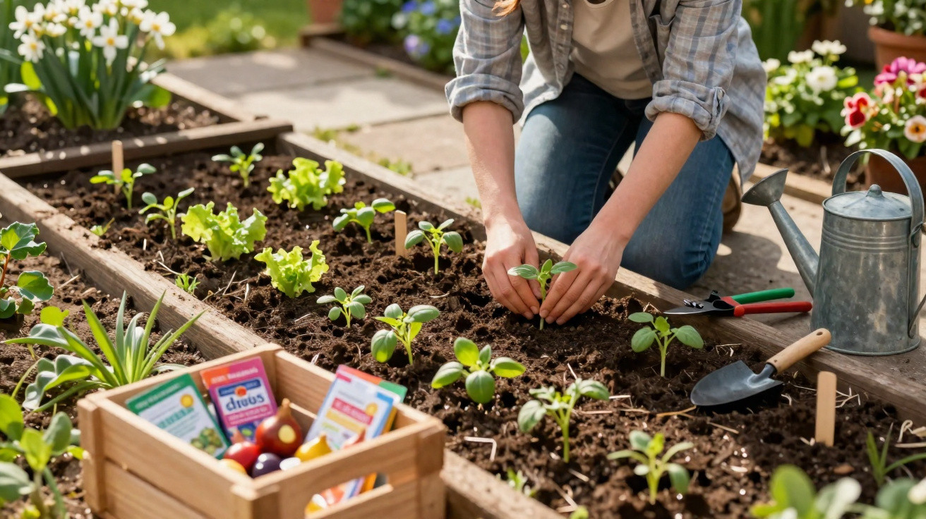 Person pflanzt Setzlinge in einem kleinen Gemüsegarten mit Gartengeräten und Samenpackungen.