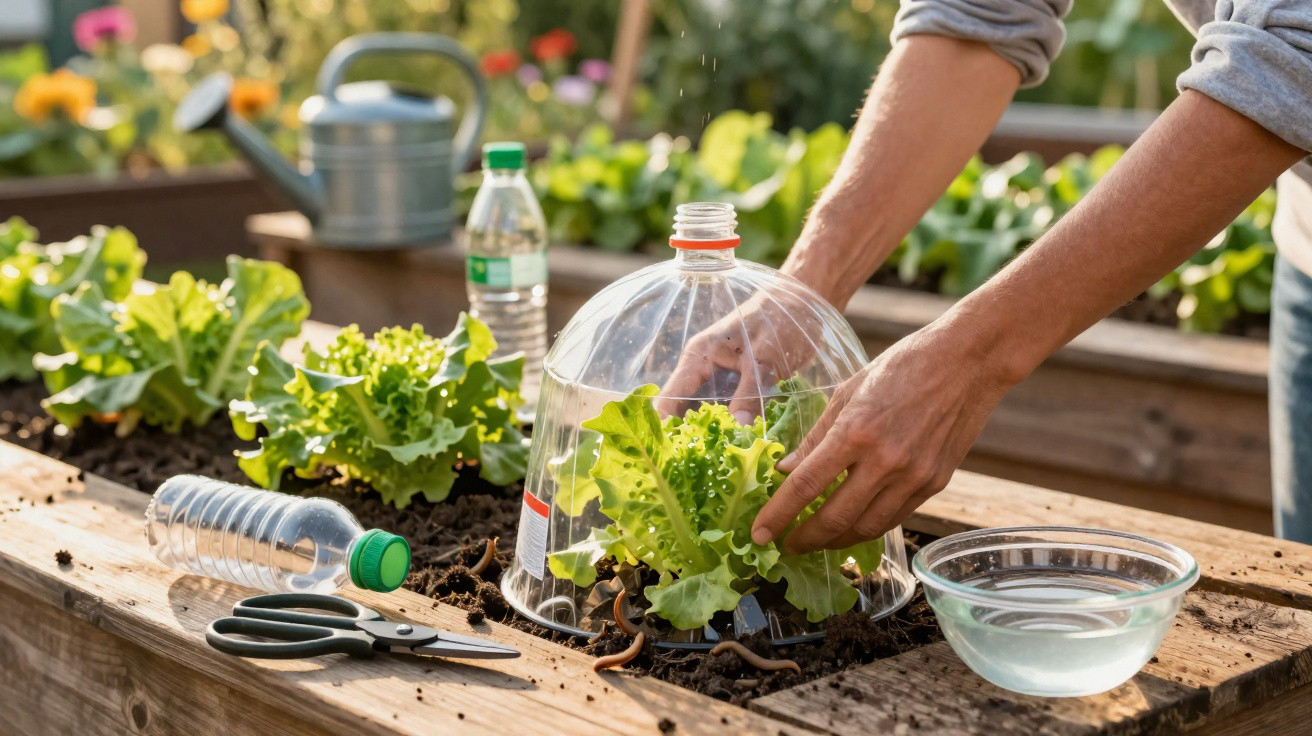 Person schützt Salatpflanze im Hochbeet mit einer durchsichtigen Plastikglocke vor Kälte oder Schädlingen.