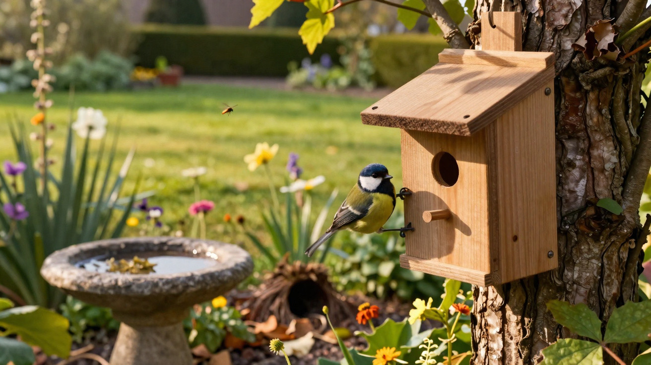 Kohlmeise am Nistkasten an Baumstamm im bunten Blumengarten mit Vogeltränke im Hintergrund.