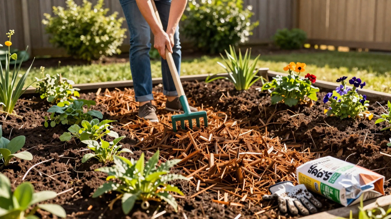Person harkt Mulchbeet in einem Garten mit Blumen und Gartenhandschuhen auf dem Boden.