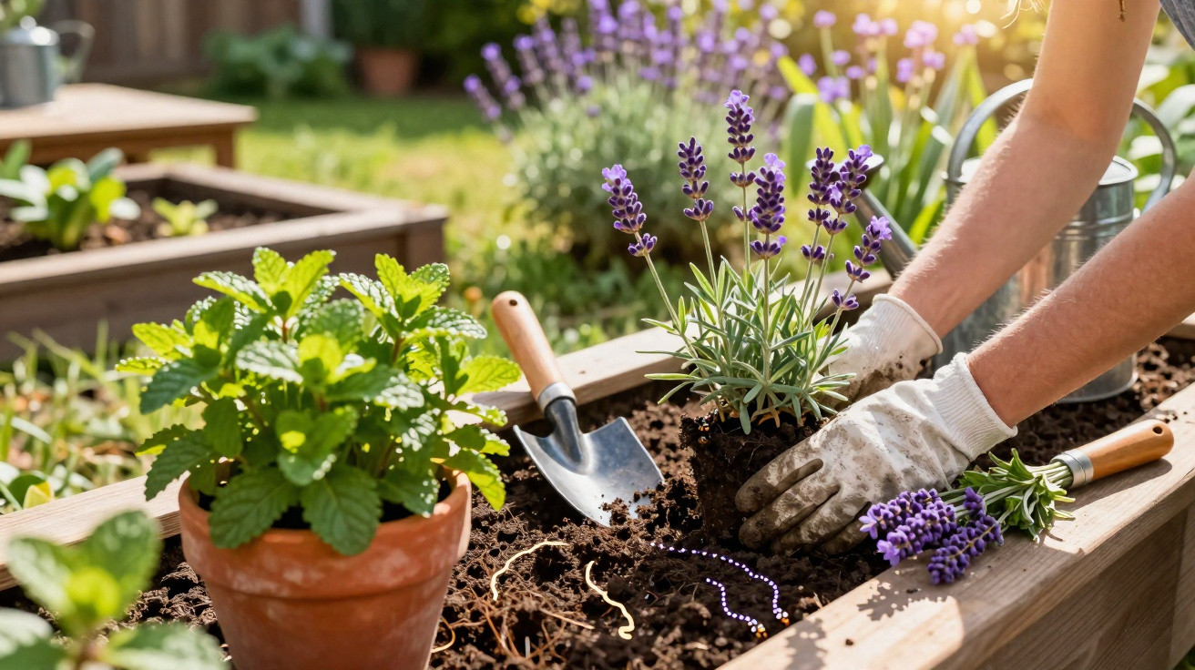 Person pflanzt Lavendel in Hochbeet im Garten, neben Topf mit Minze und Gartengeräten auf Erde.