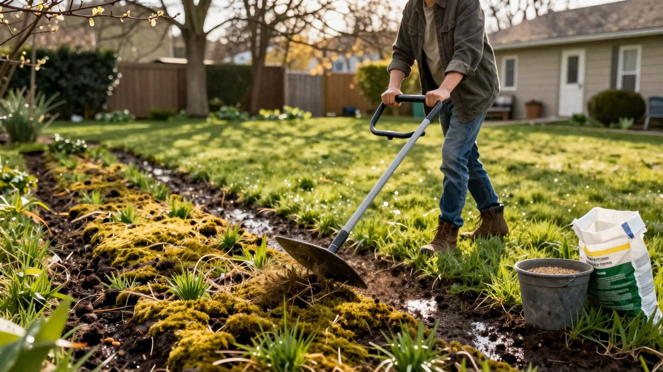 Person jätet einen Garten mit einem Motorhacke-Werkzeug an einem sonnigen Frühlingstag.