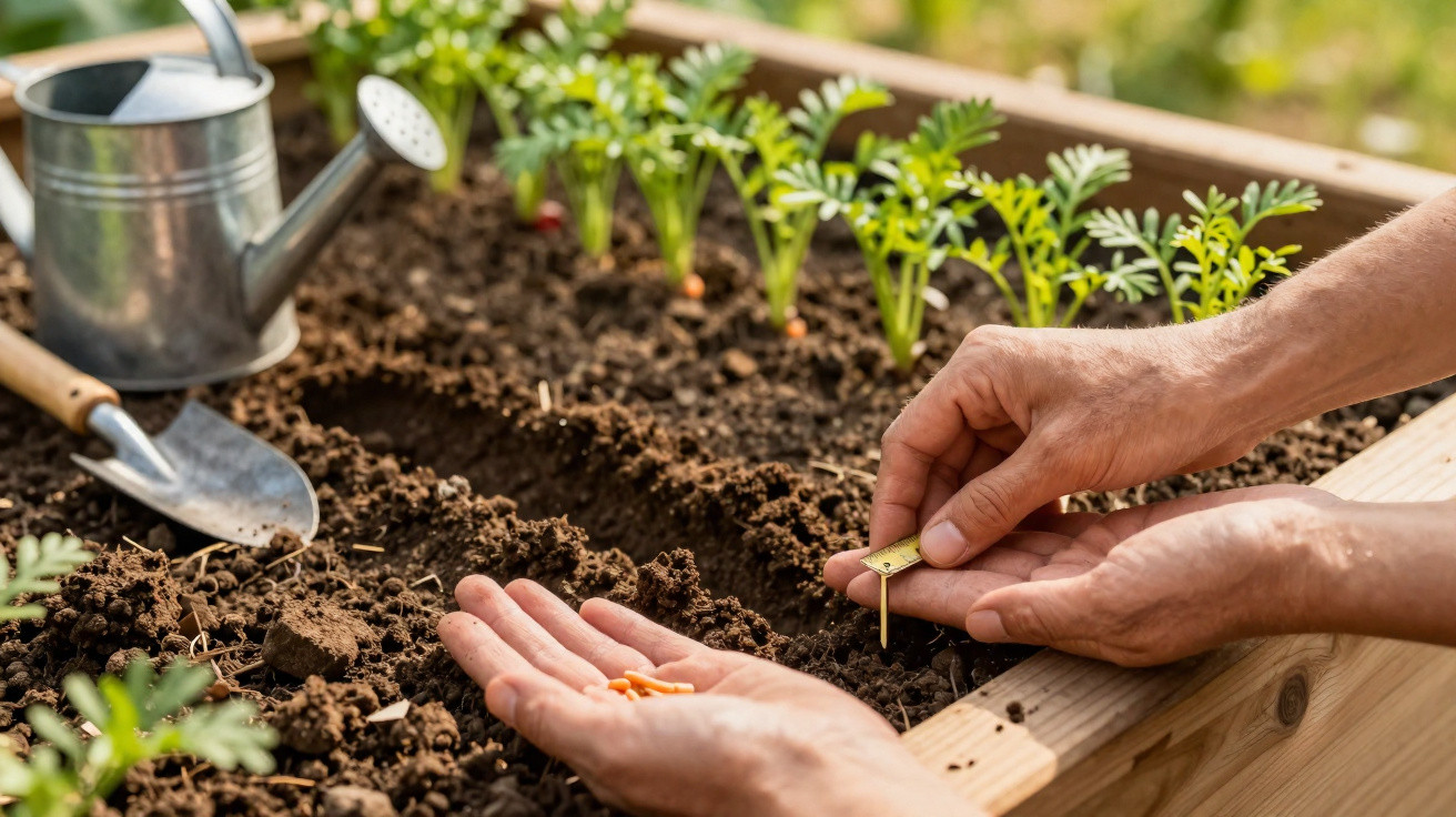 Hände säen Samen in Hochbeet mit jungen Karottenpflanzen, Gießkanne und Gartenschaufel liegen daneben.