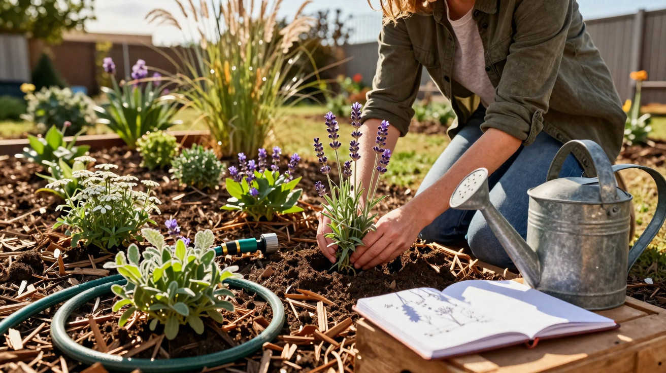 Frau pflanzt Lavendel in Gartenbeet mit Gießkanne, Gartenschlauch und offenem Notizbuch neben ihr.