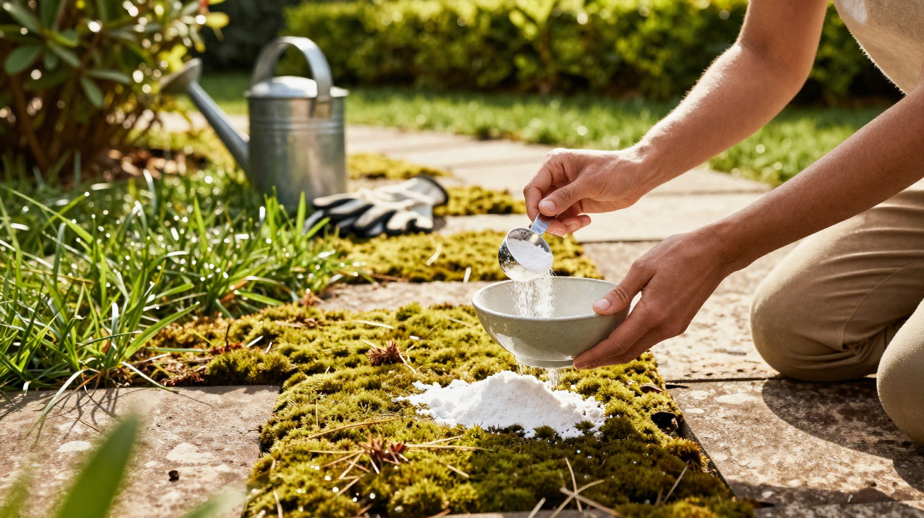 Person streut weißes Pulver auf Moos zwischen Gartenplatten, Gartenschlauch und Handschuhe im Hintergrund.