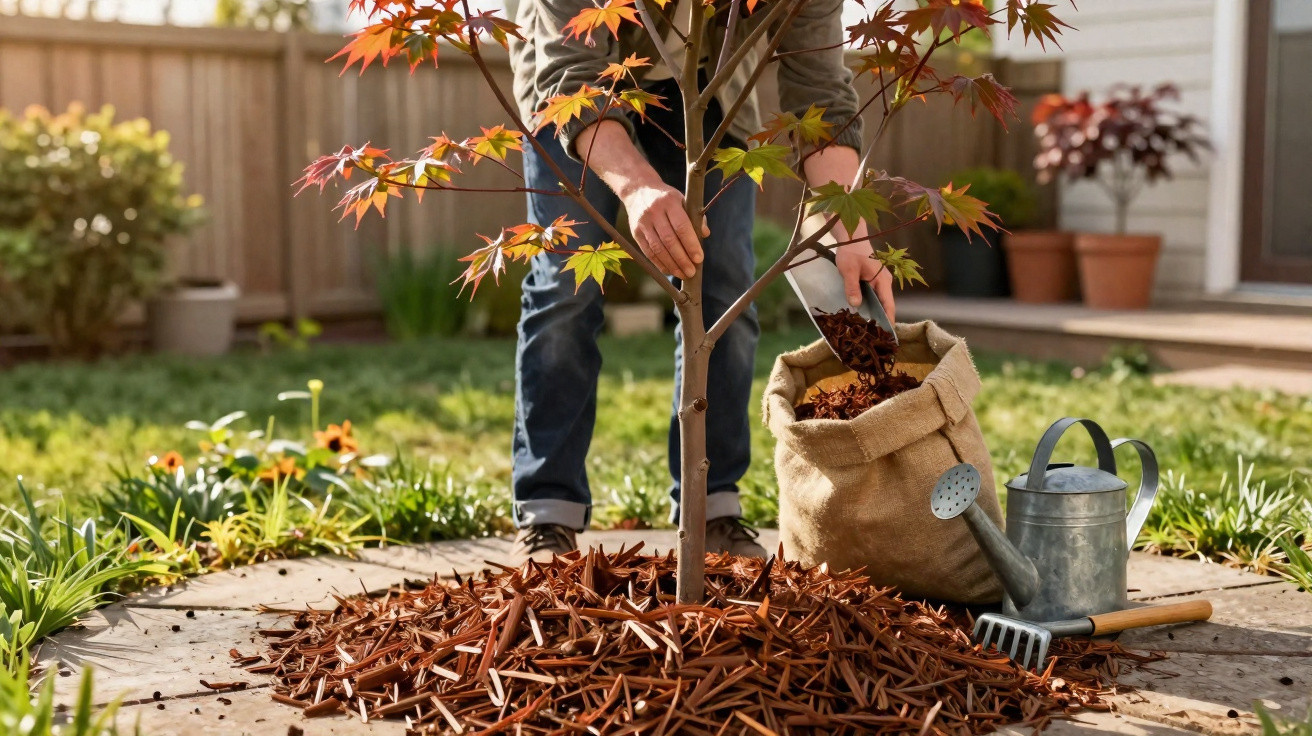 Person bedeckt einen jungen Baum im Garten mit Mulch, daneben Gießkanne und Gartenwerkzeug auf Steinplatten.