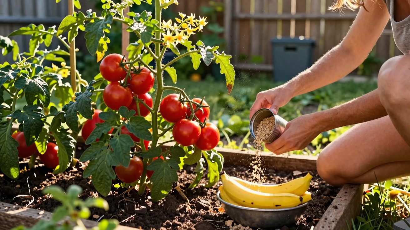 Person gießt Getreide auf Bananen neben reifen Tomatenpflanzen in einem Hochbeet im Garten.