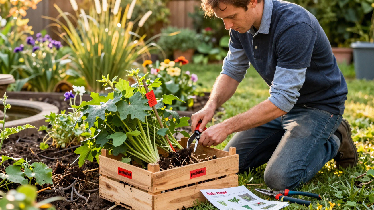Mann kniet im Garten und pflanzt eine junge Pflanze mit Gartenschere neben einer Holzbox und Anleitung.