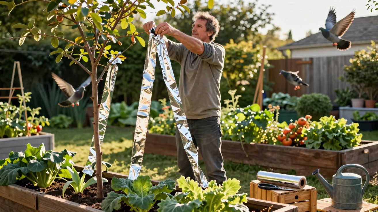 Mann befestigt reflektierende Bänder an Baum im Garten, um Vögel von Gemüsebeeten fernzuhalten.