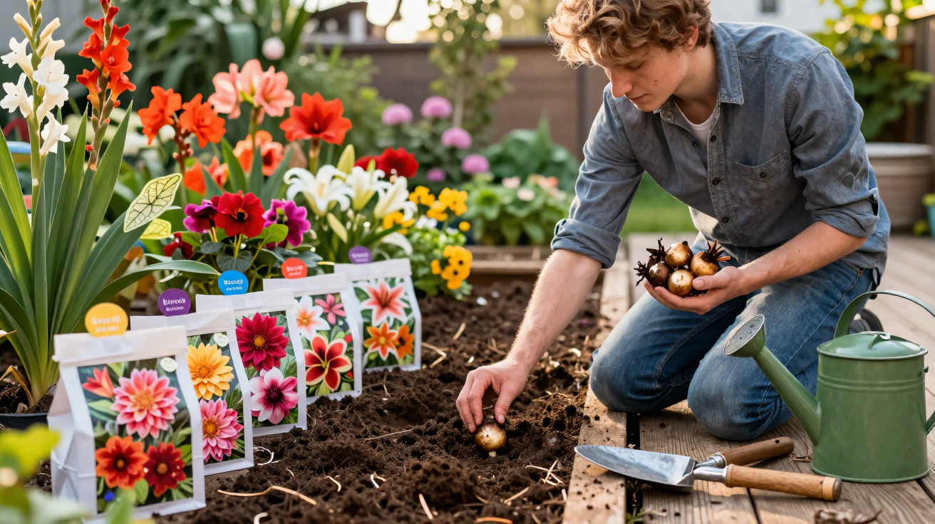 Junger Mann pflanzt Blumenzwiebeln in Beetanlage, umgeben von bunten Blüten und Gartengeräten.