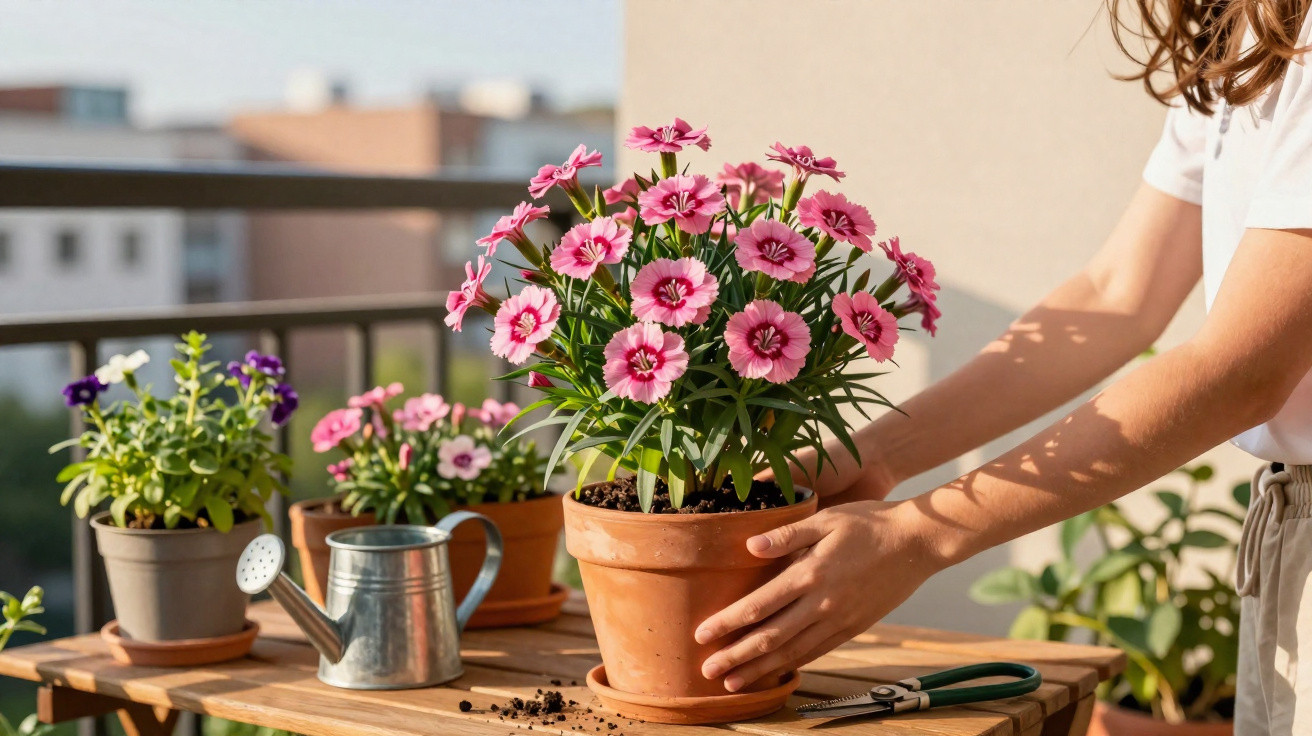 Hände platzieren Blumentopf mit pinken Blumen auf Holztisch auf sonnigem Balkon mit weiteren Pflanzen.