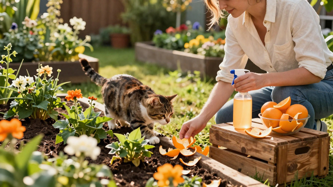 Frau füttert neugierige Katze im Garten, umgeben von Blumen und einem Korb mit Orangen.