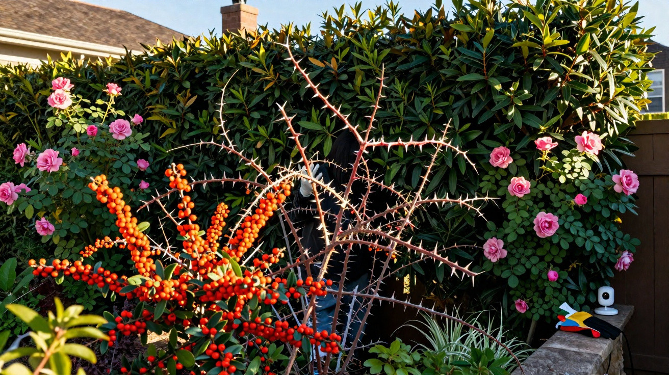 Verschiedene Pflanzen, darunter rosa Rosen, rote Beeren und stechende Äste in einem Garten bei Sonnenschein.