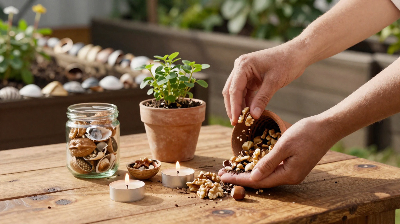 Hände schütten Nüsse aus einem kleinen Topf auf einen Holztisch mit Kerzen und einer Pflanze im Blumentopf.