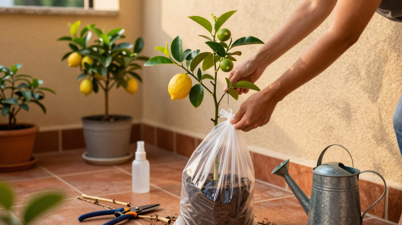 Frau gießt Zitronenbaum in Pflanztüte auf Terrasse, umgeben von Gartenschere und Gießkanne.